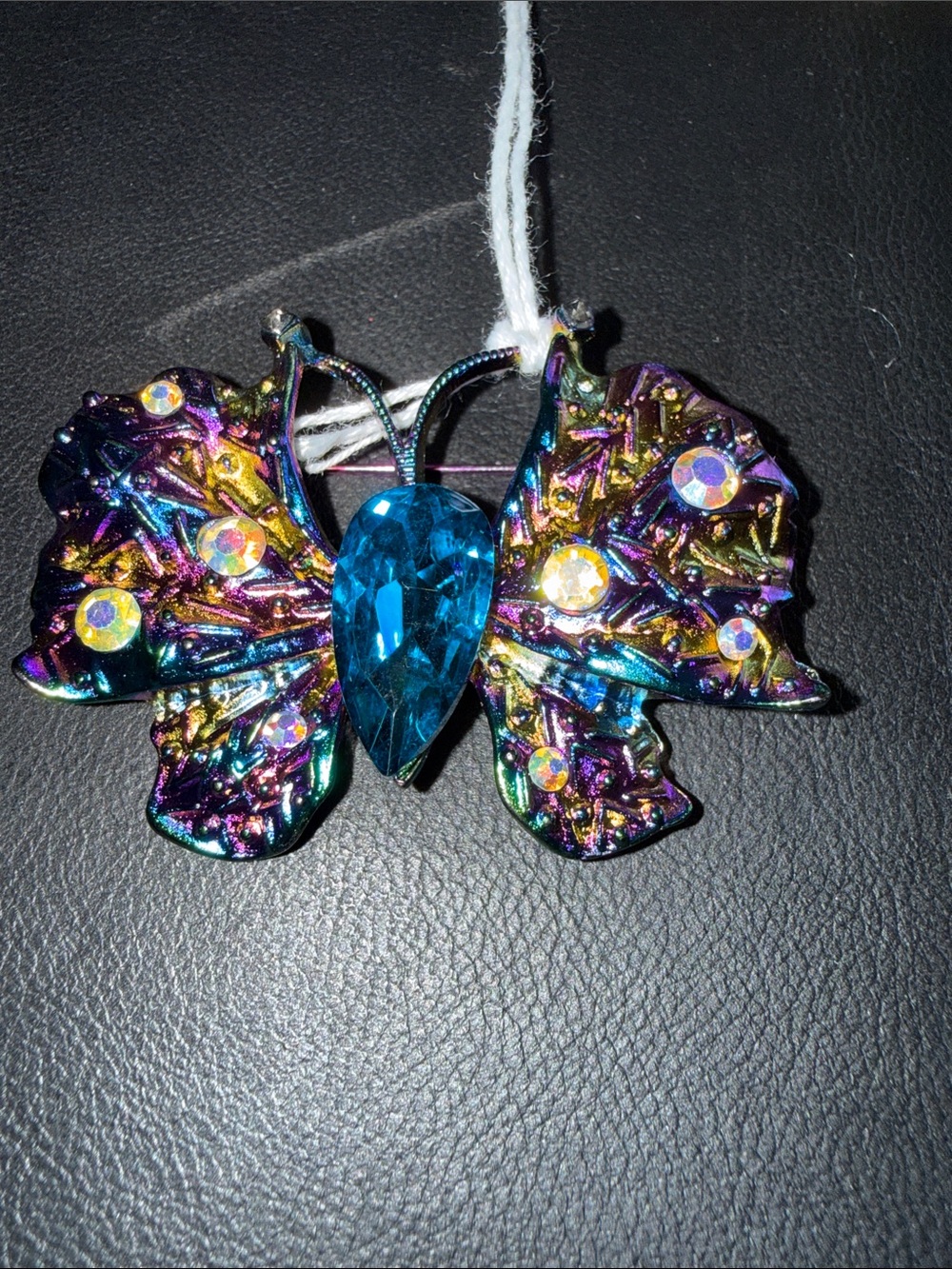 Iridescent Multicolor Butterfly Pendant with Blue Teardrop Gem